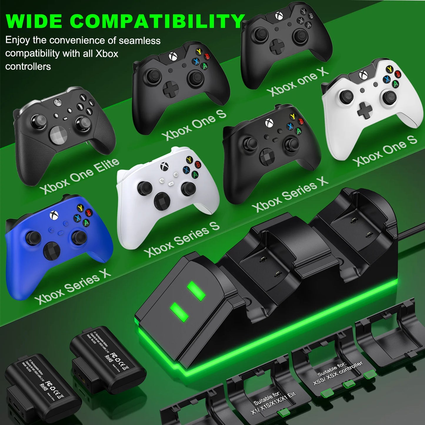 Xbox Controller Charger with 2 X 3600Mwh Rechargeable Battery Pack for Xbox Series X|S Controller